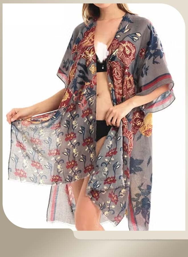 Rixos Kimono Swimwear Women Short Sleeve Floral Print Cardigan Kaftan Open Front Beach Wear - Image 2