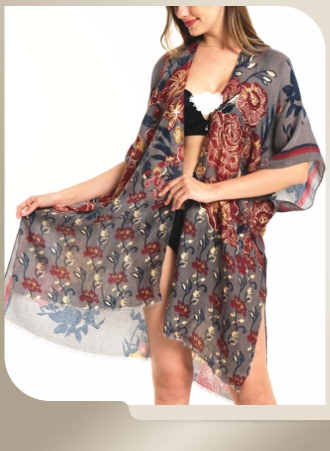 Rixos Kimono Swimwear Women Short Sleeve Floral Print Cardigan Kaftan Open Front Beach Wear - Image 1
