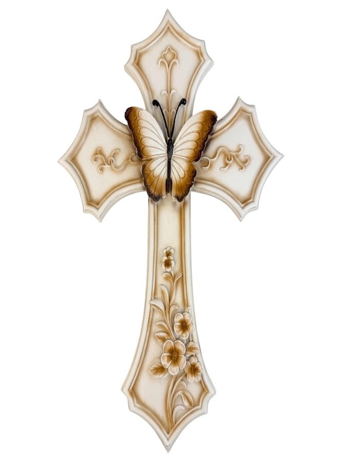 Top Brass Butterfly and Flowers Wall Cross – 12” Resin Christian Wall Décor with Floral Garden Accents, Inspirational Religious Jesus Art Sculpture with Painted Finish and Easy Mounting Hanger - Image 1