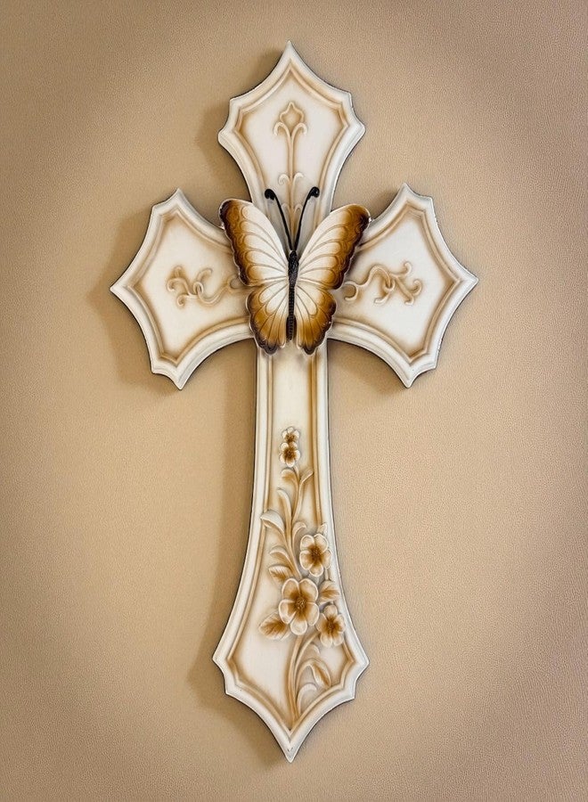Top Brass Butterfly and Flowers Wall Cross – 12” Resin Christian Wall Décor with Floral Garden Accents, Inspirational Religious Jesus Art Sculpture with Painted Finish and Easy Mounting Hanger - Image 5