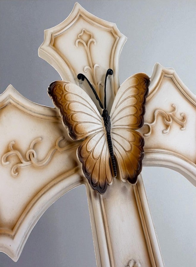 Top Brass Butterfly and Flowers Wall Cross – 12” Resin Christian Wall Décor with Floral Garden Accents, Inspirational Religious Jesus Art Sculpture with Painted Finish and Easy Mounting Hanger - Image 4
