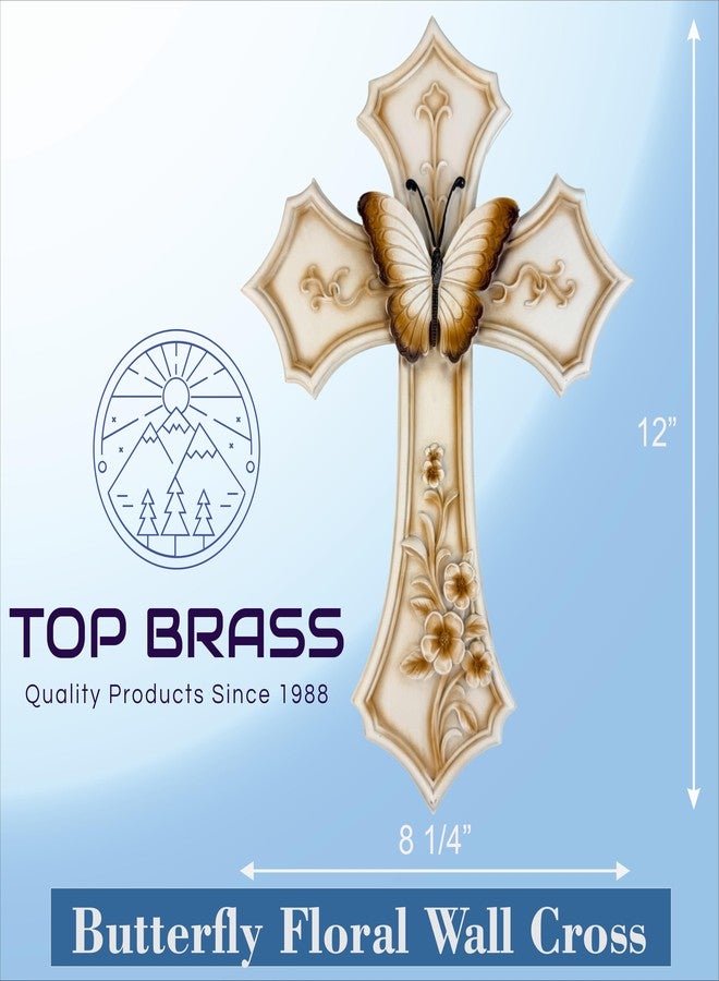 Top Brass Butterfly and Flowers Wall Cross – 12” Resin Christian Wall Décor with Floral Garden Accents, Inspirational Religious Jesus Art Sculpture with Painted Finish and Easy Mounting Hanger - Image 2