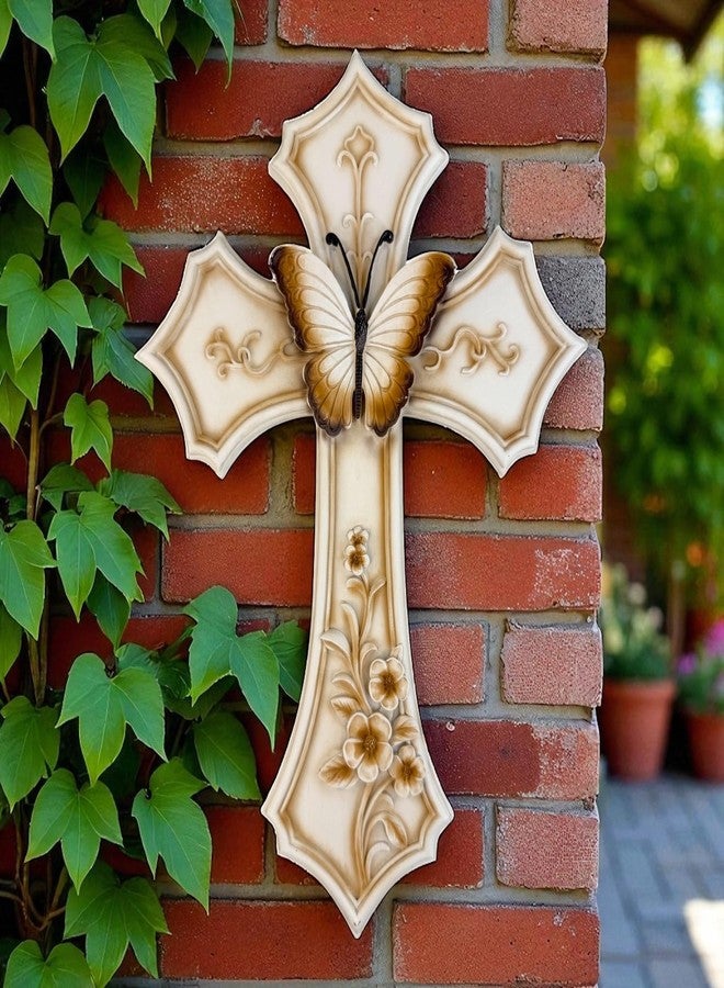 Top Brass Butterfly and Flowers Wall Cross – 12” Resin Christian Wall Décor with Floral Garden Accents, Inspirational Religious Jesus Art Sculpture with Painted Finish and Easy Mounting Hanger - Image 3
