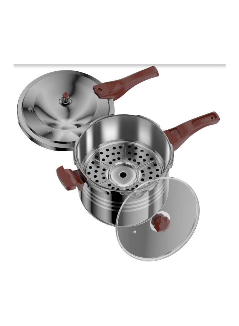Homeway 3L Stainless Steel Pressure Cooker with Glass Lid & Steamer, Induction Compatible Encapsulated Base, Bakelite Handle, HW6618 - Image 3