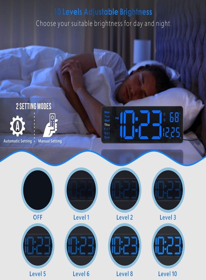 Plumeet Digital Wall Clock, 13’’ Large LED Wall Clock with Remote Control, Big Digits, Auto-Dimming, 2 Alarm, Silent Wall Clock Show Date Week Temp (Include Adapter), Blue - Image 4