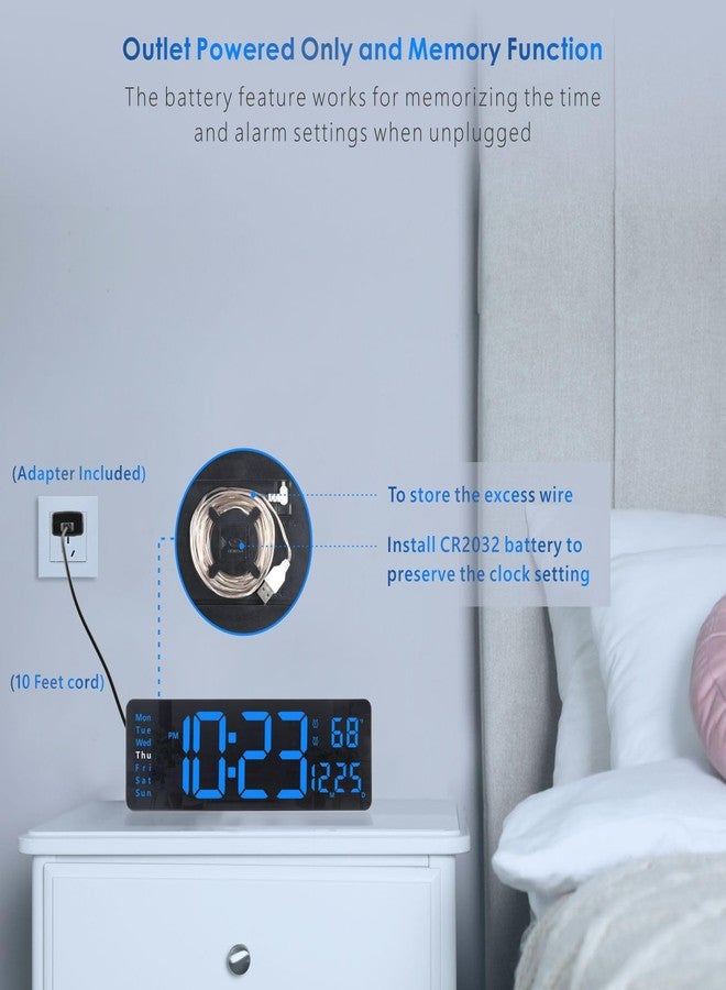 Plumeet Digital Wall Clock, 13’’ Large LED Wall Clock with Remote Control, Big Digits, Auto-Dimming, 2 Alarm, Silent Wall Clock Show Date Week Temp (Include Adapter), Blue - Image 5