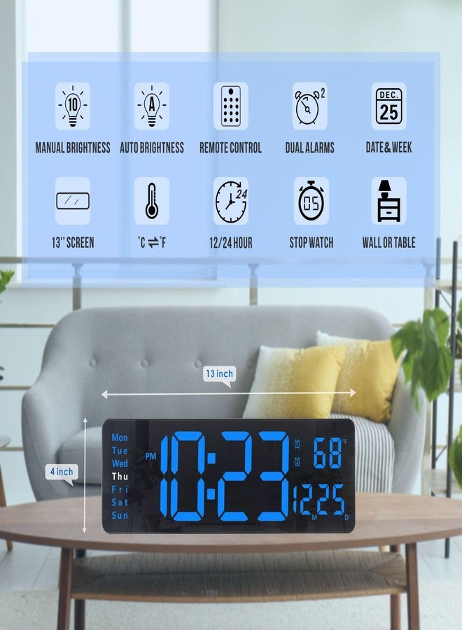 Plumeet Digital Wall Clock, 13’’ Large LED Wall Clock with Remote Control, Big Digits, Auto-Dimming, 2 Alarm, Silent Wall Clock Show Date Week Temp (Include Adapter), Blue - Image 2