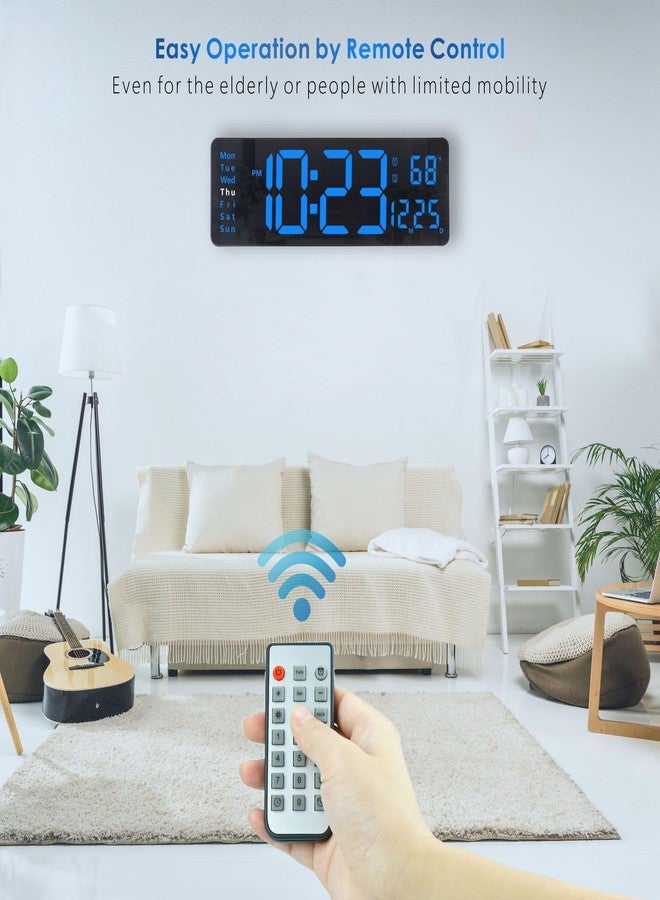 Plumeet Digital Wall Clock, 13’’ Large LED Wall Clock with Remote Control, Big Digits, Auto-Dimming, 2 Alarm, Silent Wall Clock Show Date Week Temp (Include Adapter), Blue - Image 3