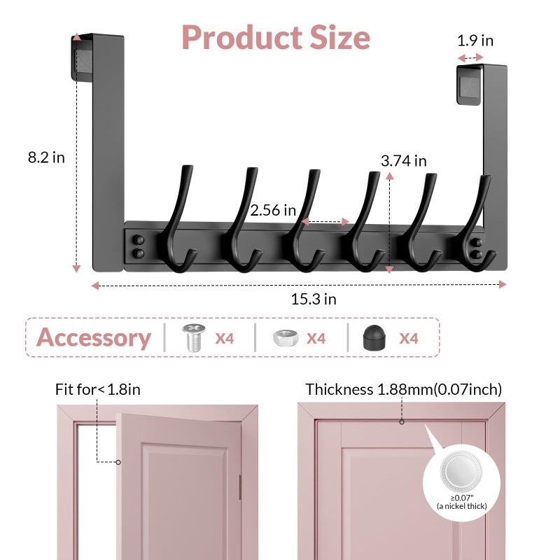 BAKON Over The Door Towel Rack with 6 Hooks, Heavy Duty Over Door Hooks for Hanging Clothes Coat Hat Jacket, Door Hanger Home Organizer for Bathroom Closet Bedroom Kitchen (1, Black) - Image 3