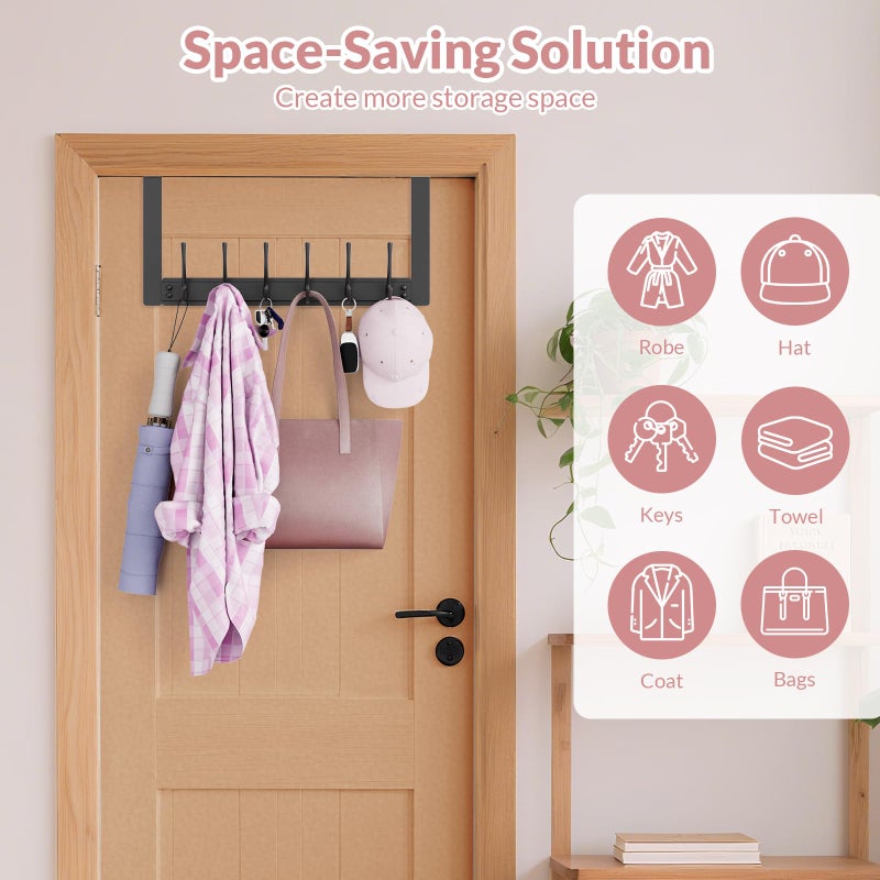 BAKON Over The Door Towel Rack with 6 Hooks, Heavy Duty Over Door Hooks for Hanging Clothes Coat Hat Jacket, Door Hanger Home Organizer for Bathroom Closet Bedroom Kitchen (1, Black) - Image 2