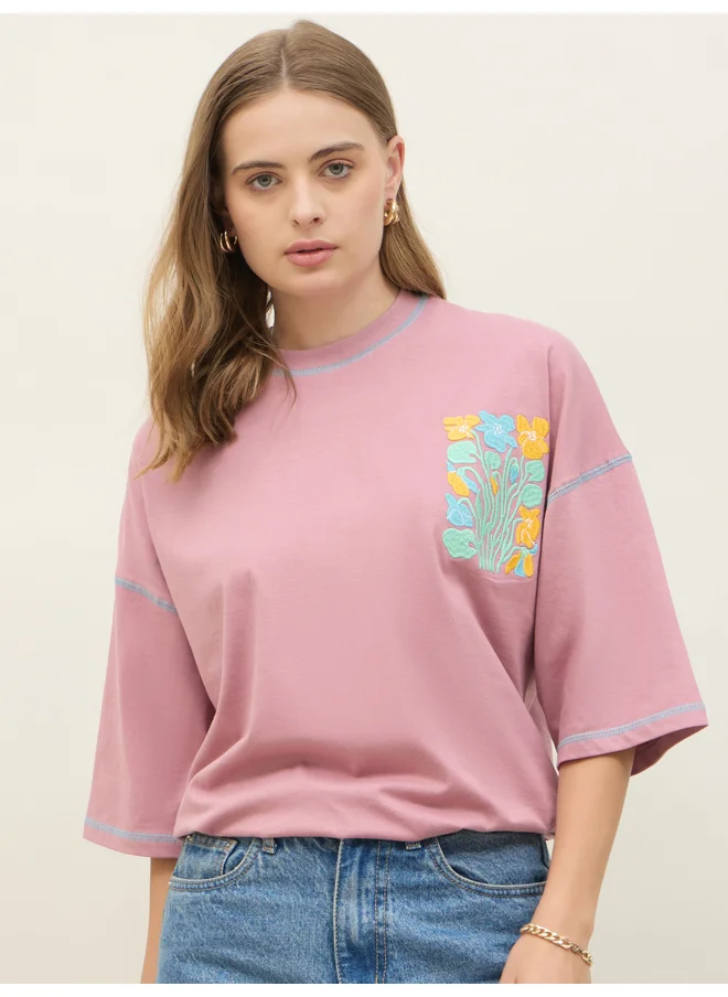 ستايلي Styli Oversized Embroidered Contrast Stitch Detail T-Shirt