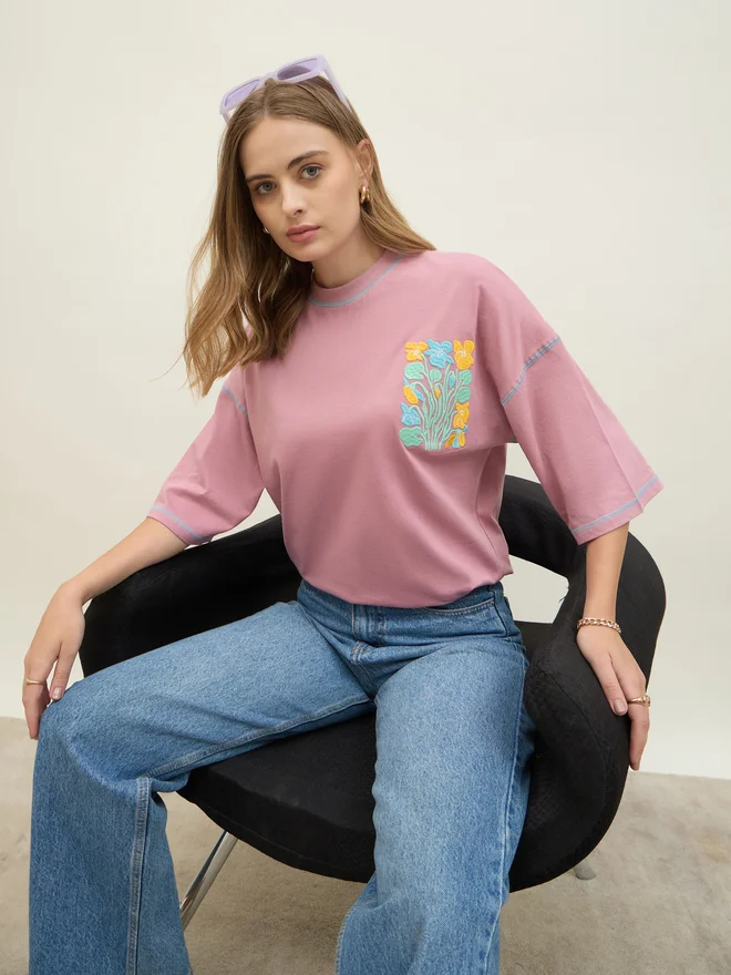 Styli Styli Oversized Embroidered Contrast Stitch Detail T-Shirt