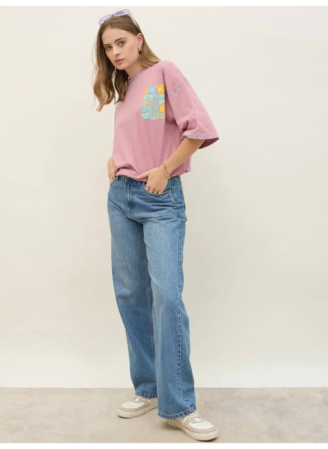 ستايلي Styli Oversized Embroidered Contrast Stitch Detail T-Shirt
