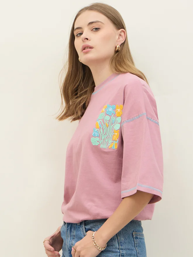 Styli Styli Oversized Embroidered Contrast Stitch Detail T-Shirt