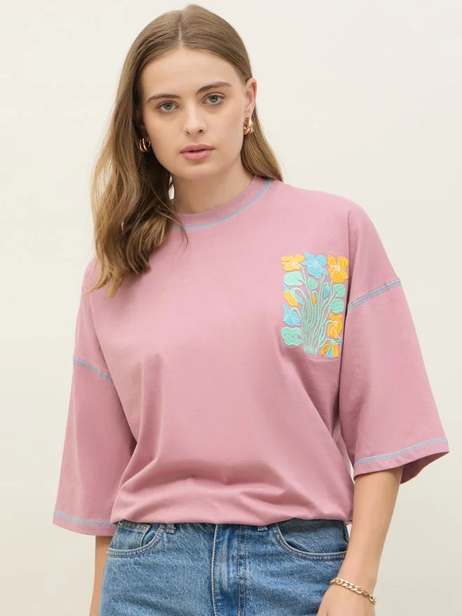 Styli Oversized Embroidered Contrast Stitch Detail T-Shirt