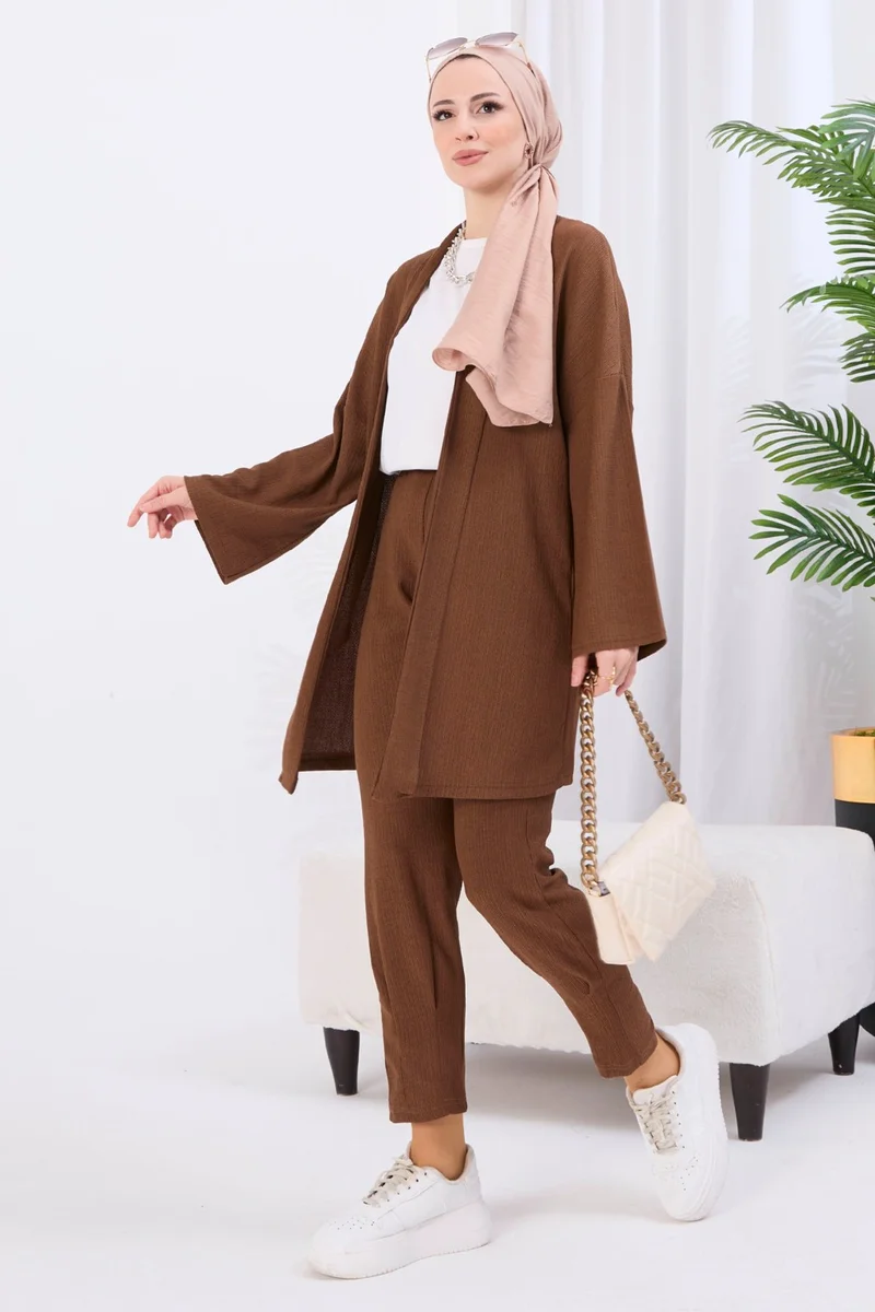 Tofisa 11432-BROWN Crepe Cardigan Trousers