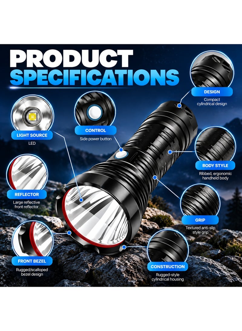 YEMAO High Power LED Flashlight - Rechargeable Tactical Torch, 1000M Ultra Bright Flashlight with Long-Range Beam, Rugged Grip & Carrying Case for Camping, Hiking & Emergency Use - Image 3