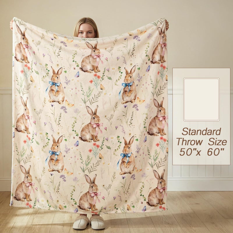 Treory Easter Bunny Throw Blanket: Ultra Soft Flannel Plush Sketchy Spring Floral Bunny Bed Blanket, Lightweight Cozy Easter Blanket for Couch Sofa Bed Living Room Home Decor Gifts, 50"x60" - Image 2