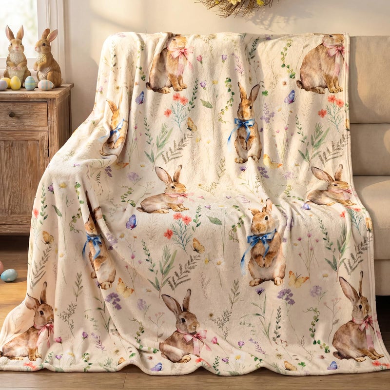 Treory Easter Bunny Throw Blanket: Ultra Soft Flannel Plush Sketchy Spring Floral Bunny Bed Blanket, Lightweight Cozy Easter Blanket for Couch Sofa Bed Living Room Home Decor Gifts, 50"x60" - Image 1