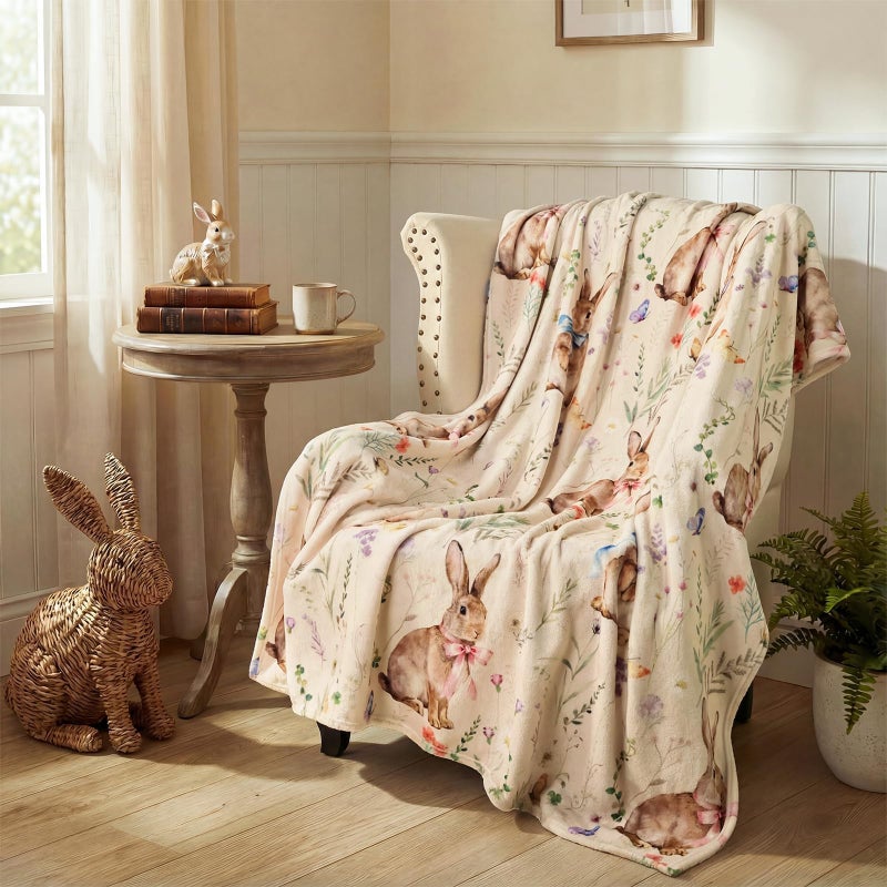 Treory Easter Bunny Throw Blanket: Ultra Soft Flannel Plush Sketchy Spring Floral Bunny Bed Blanket, Lightweight Cozy Easter Blanket for Couch Sofa Bed Living Room Home Decor Gifts, 50"x60" - Image 5