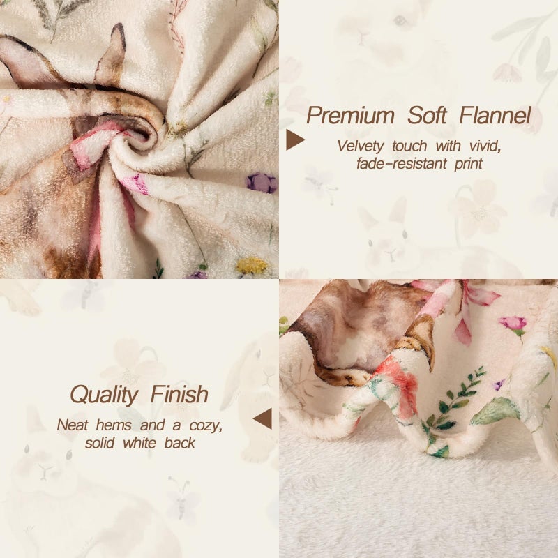 Treory Easter Bunny Throw Blanket: Ultra Soft Flannel Plush Sketchy Spring Floral Bunny Bed Blanket, Lightweight Cozy Easter Blanket for Couch Sofa Bed Living Room Home Decor Gifts, 50"x60" - Image 3