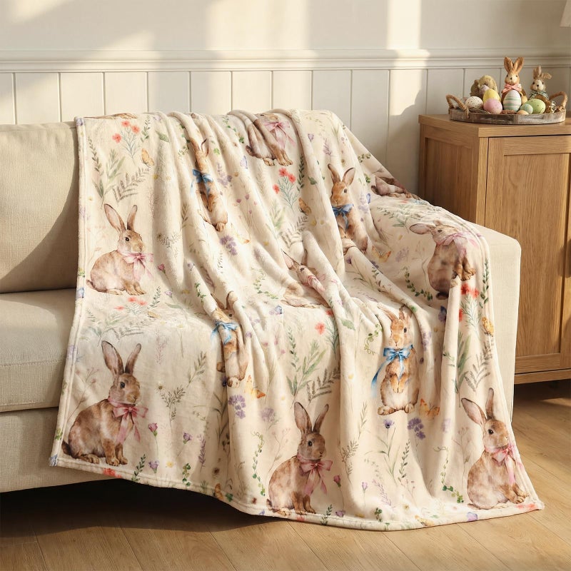 Treory Easter Bunny Throw Blanket: Ultra Soft Flannel Plush Sketchy Spring Floral Bunny Bed Blanket, Lightweight Cozy Easter Blanket for Couch Sofa Bed Living Room Home Decor Gifts, 50"x60" - Image 4