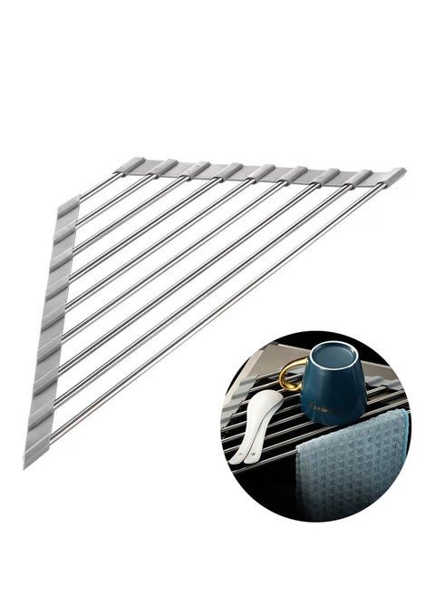Triangular roll dish drying rack suitable for sink corners small foldable stainless steel sink multi-functional kitchen drain rack storage rack storage rack (grey)