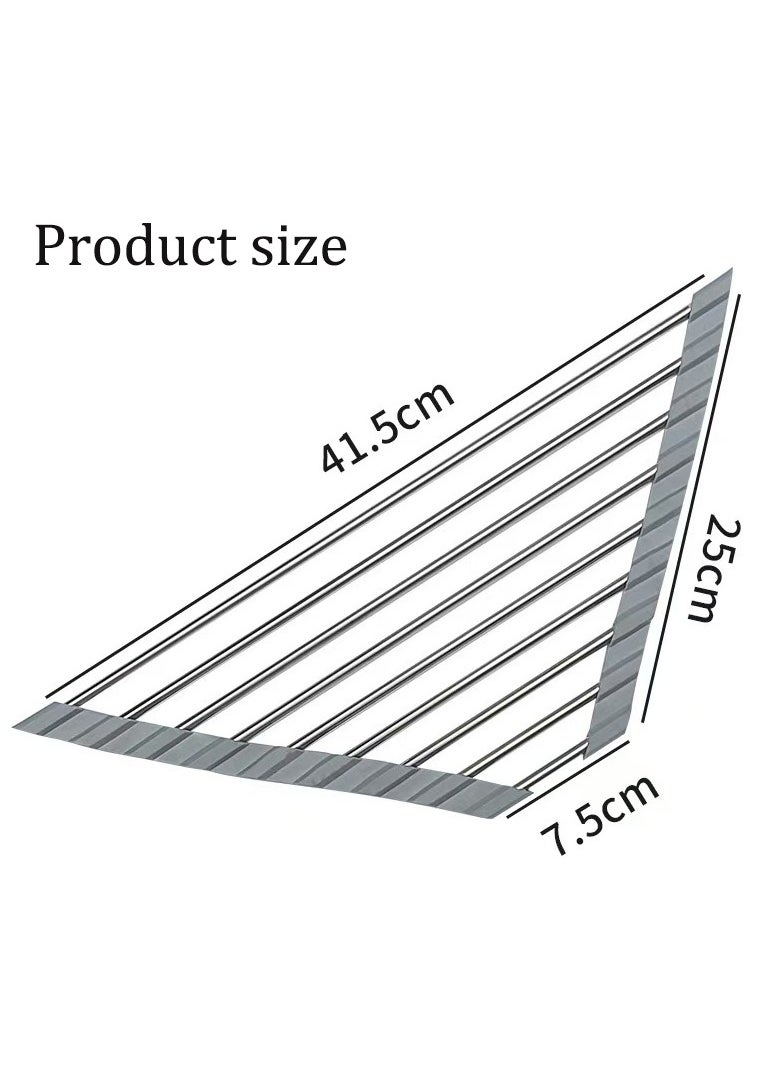 Triangular roll dish drying rack suitable for sink corners small foldable stainless steel sink multi-functional kitchen drain rack storage rack storage rack (grey)