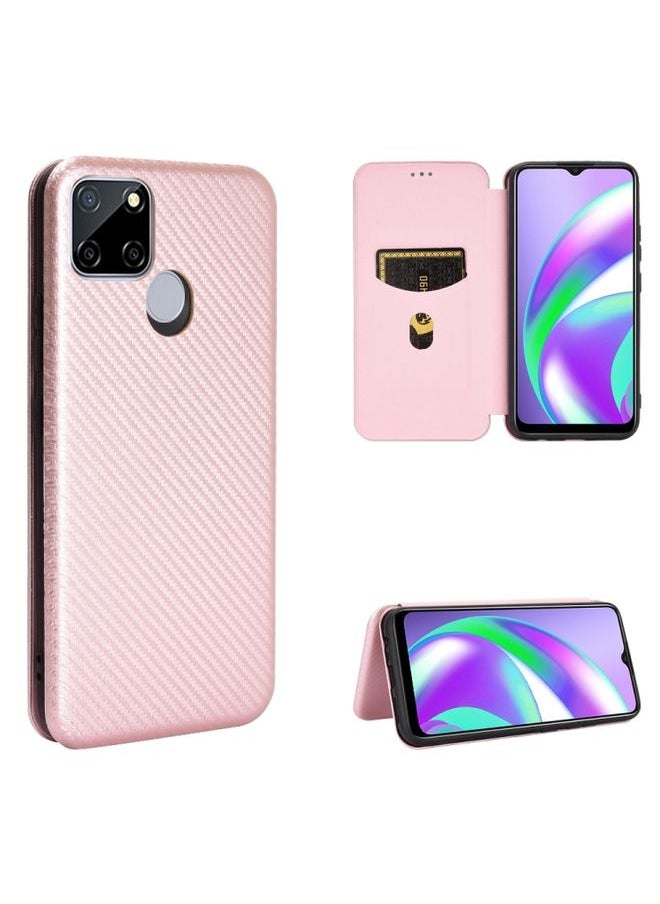 HuHa Case Cover For Realme Narzo 20 / Realme C12 Carbon Fiber Texture Horizontal Flip TPU + PC + PU Leather Case with Card Slot Pink 