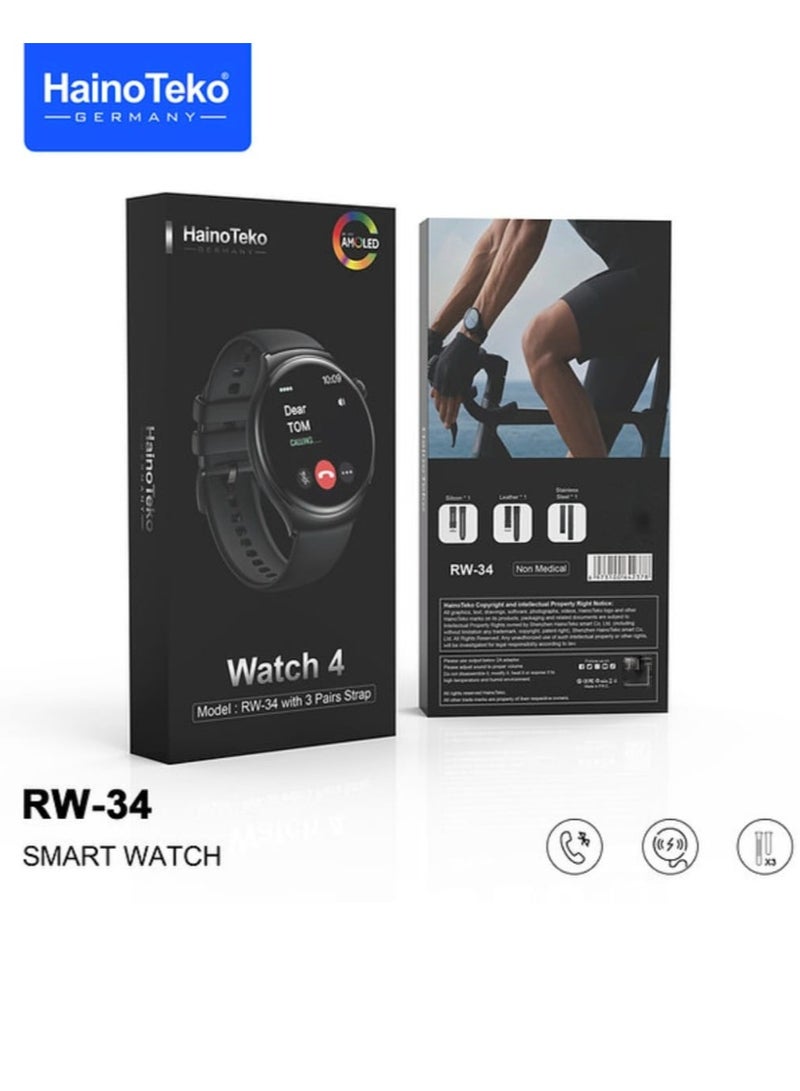 Haino Teko RW34 Smart Watch IPS HD AMOLED Display Screen With Three Strap Stainless Steel and Leather - Image 2