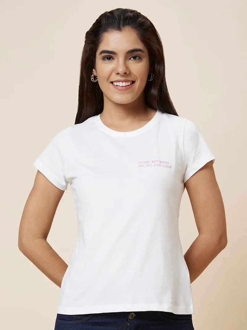 جلو باص تيشيرت قطن نقي برقبة مستديرة وأكمام قصيرة للنساء