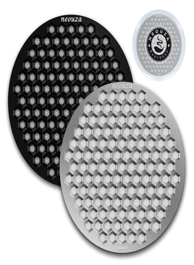 NEOUZA Espresso Puck Screen, 0.8mm Thickness Honeycomb Mesh Coffee Reusable Filter for Portafilter Basket V4 (Black+Silver (2PC), 58mm)