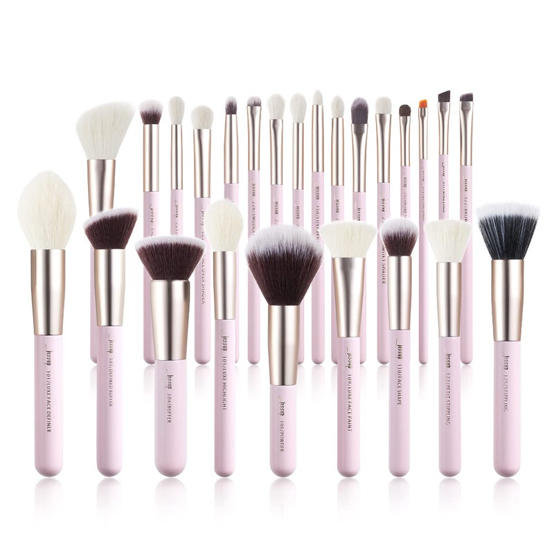 Jessup Makeup Brushes Set Professional, 25PCS Pink Premium Natural Powder Foundation Eyeshadow Blending Concealer Blusher Highlight Labeled Brushes, T290 - Image 1