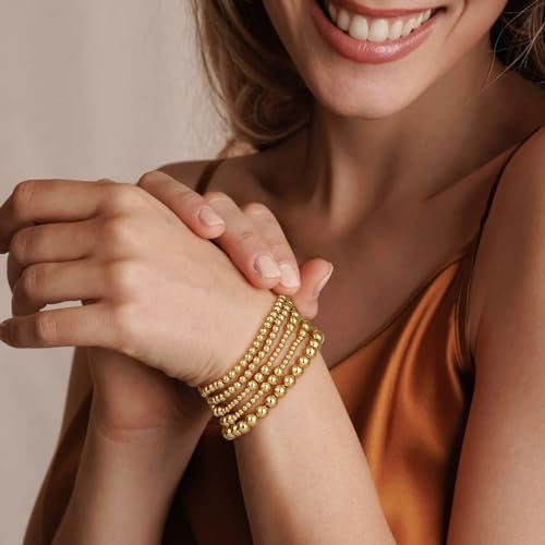 adoyi Gold Bracelets for Women 14K Gold Plated Stackable Beaded Strand Ball Bracelet stack Set Adjustable Non Tarnish Jewelry Sets for Womens Gifts - Image 2