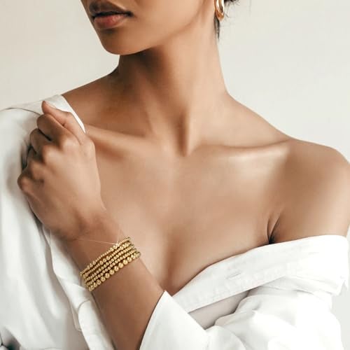 adoyi Gold Bracelets for Women 14K Gold Plated Stackable Beaded Strand Ball Bracelet stack Set Adjustable Non Tarnish Jewelry Sets for Womens Gifts - Image 3