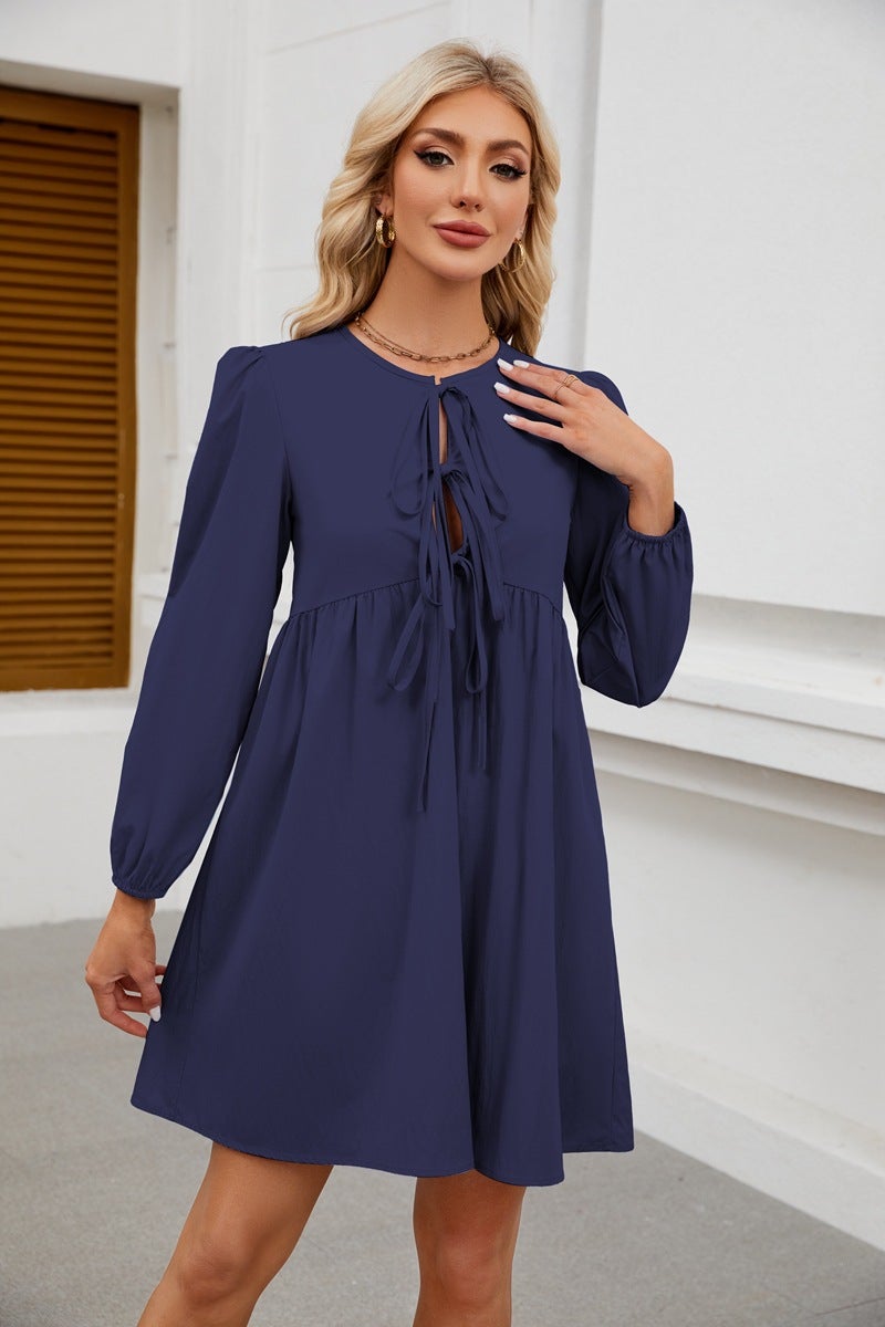 2024 Trendy Lace-Up Doll Dress Pleated Long Sleeve Navy blue - Image 1