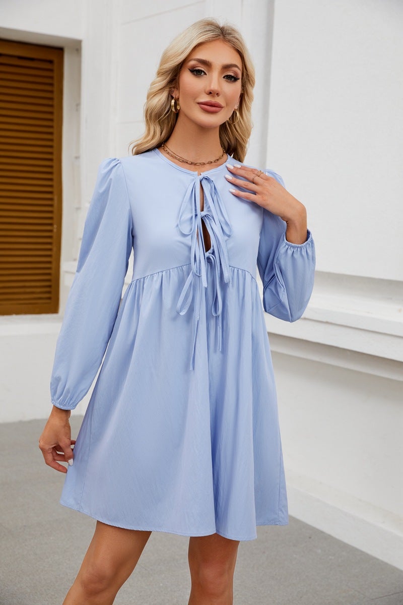 2024 Trendy Lace-Up Doll Dress Pleated Long Sleeve Navy blue - Image 2