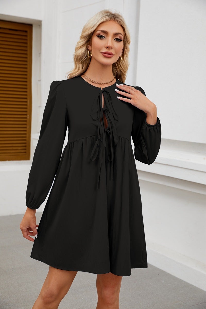 2024 Trendy Lace-Up Doll Dress Pleated Long Sleeve Navy blue - Image 4