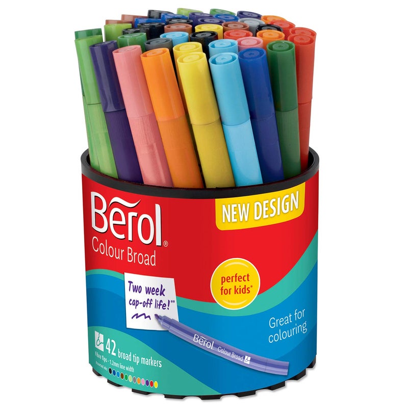 Berol Felt Tip Colouring Pens, Broad Point (1.2mm), Washable, Assorted Colours, Tub of 42 - Image 1