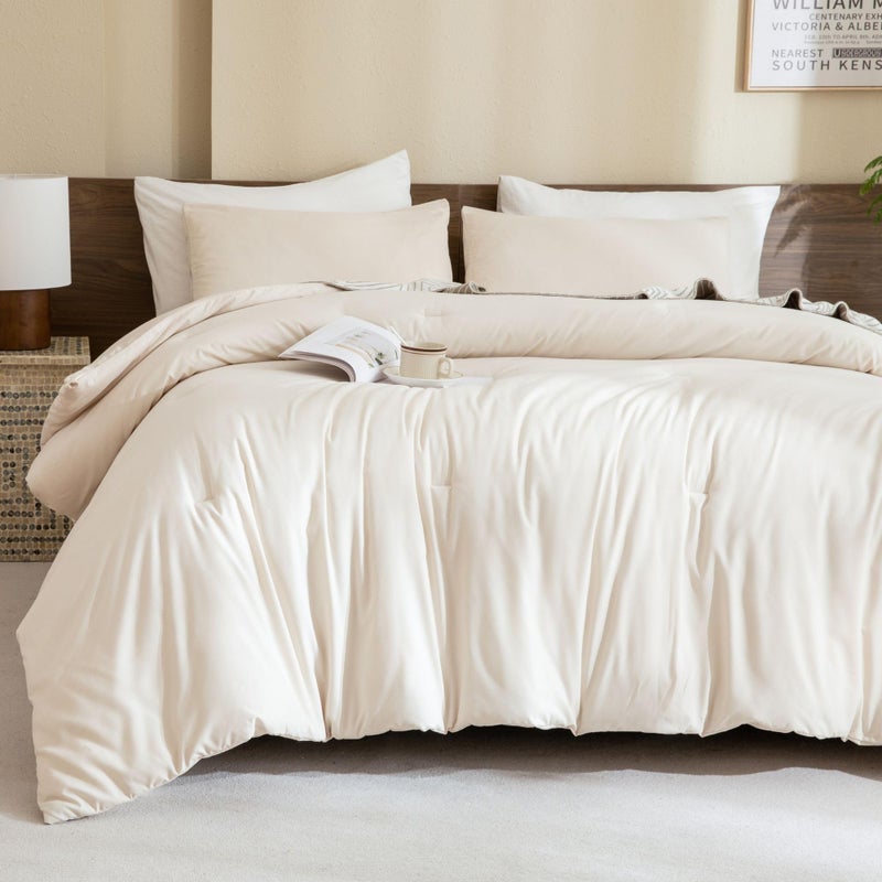 Paxrac Beige Comforter Set King Size Cream 3 Pieces Comforter Set Lightweight Solid Neutral Bedding Set All Seasons Soft Breathable Boho King Comforter Set 104x90In Comforter 2 Pillowcases