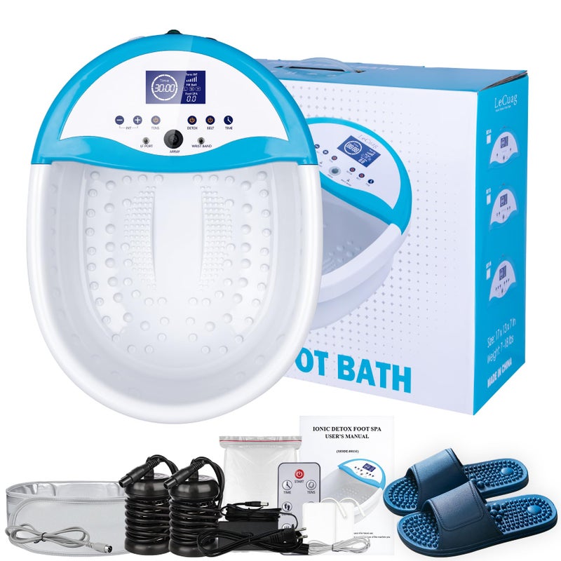 جهاز حمام القدم الأيوني للتخلص من السموم مع مساج للأقدام للاستخدام المنزلي يشمل شباشب مساج حزام حراري حوض حمام القدم 2 مجموعة أيونات ملحقات مناسبة لكبار السن والآباء والشركاء