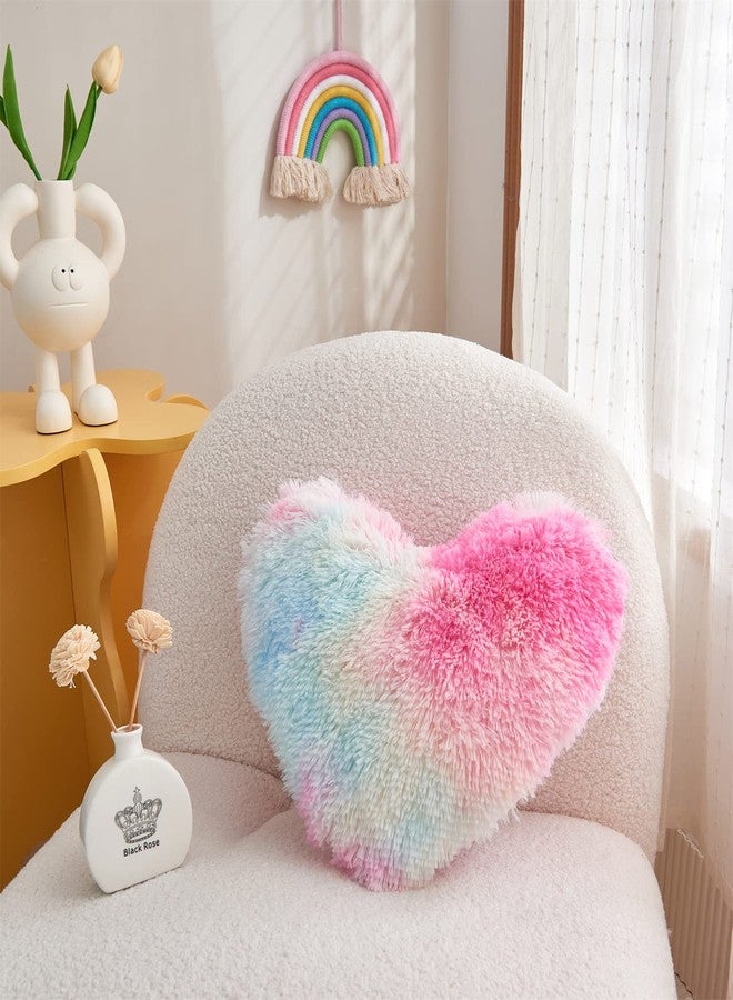 MOOWOO Rainbow Fluffy Heart Pillow,Valentines Day Decor Faux Fur Throw Pillow,Sherpa Plush Shaggy, Girl Room Decor,Heart Shape for Mothers Day,Christmas Decorations(Colorful) - Image 2