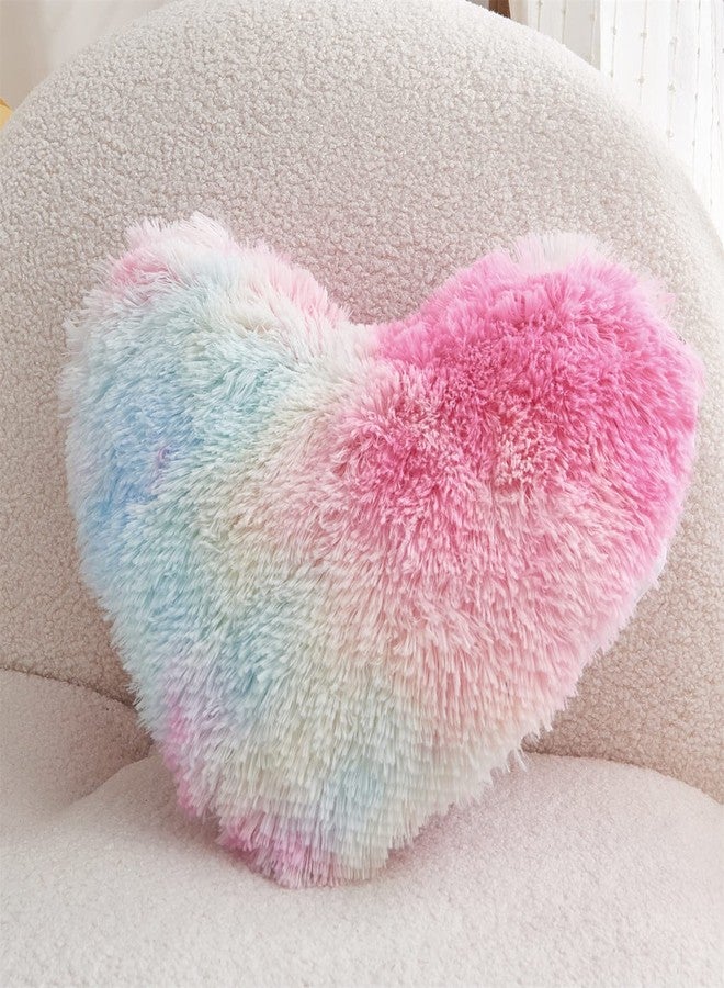 MOOWOO Rainbow Fluffy Heart Pillow,Valentines Day Decor Faux Fur Throw Pillow,Sherpa Plush Shaggy, Girl Room Decor,Heart Shape for Mothers Day,Christmas Decorations(Colorful) - Image 1