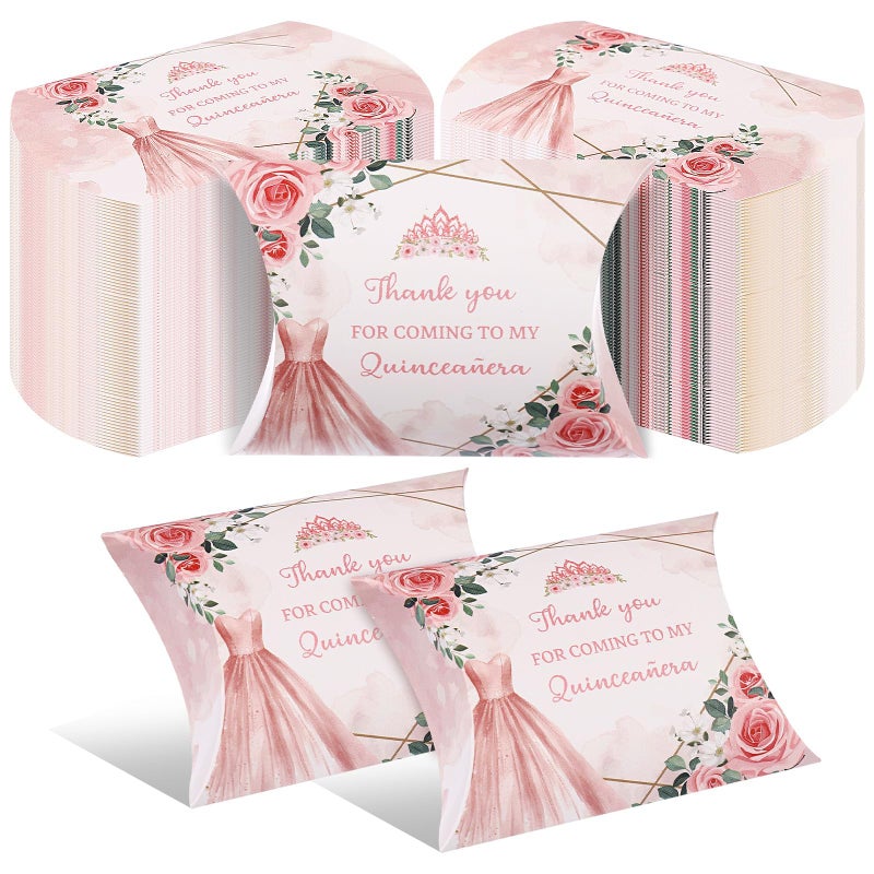 Haomian 100 PCS 15th Birthday Box 4.5 x 3.5Inch Pillow Gift Boxes Quinceanera Party Decorations Mis Quince Anos, Happy Box for Quinceanera Party, Sweet Decoration Rose Gold For Guest - Image 1