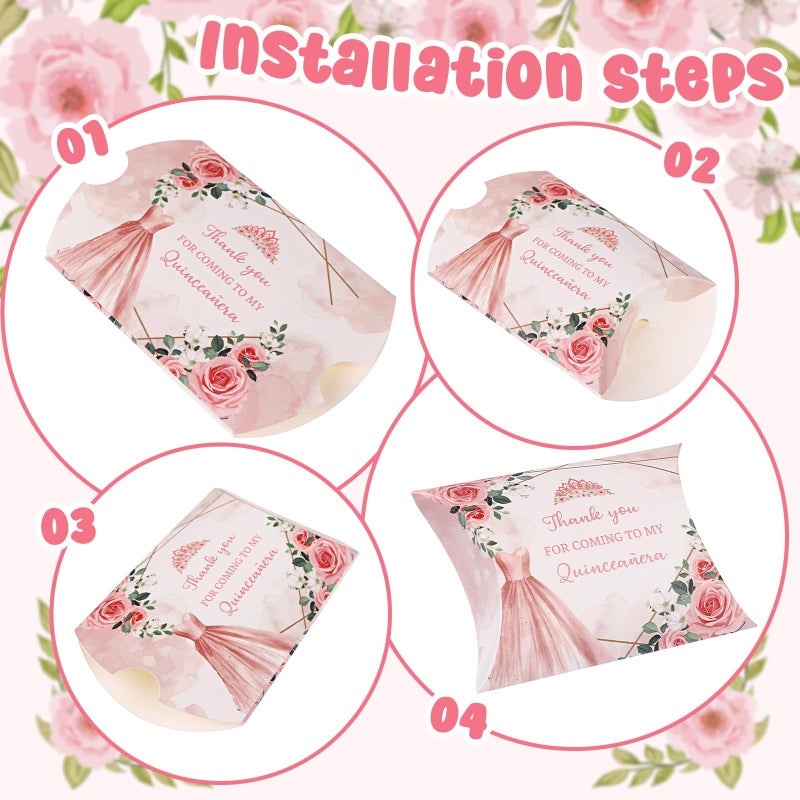 Haomian 100 PCS 15th Birthday Box 4.5 x 3.5Inch Pillow Gift Boxes Quinceanera Party Decorations Mis Quince Anos, Happy Box for Quinceanera Party, Sweet Decoration Rose Gold For Guest - Image 3
