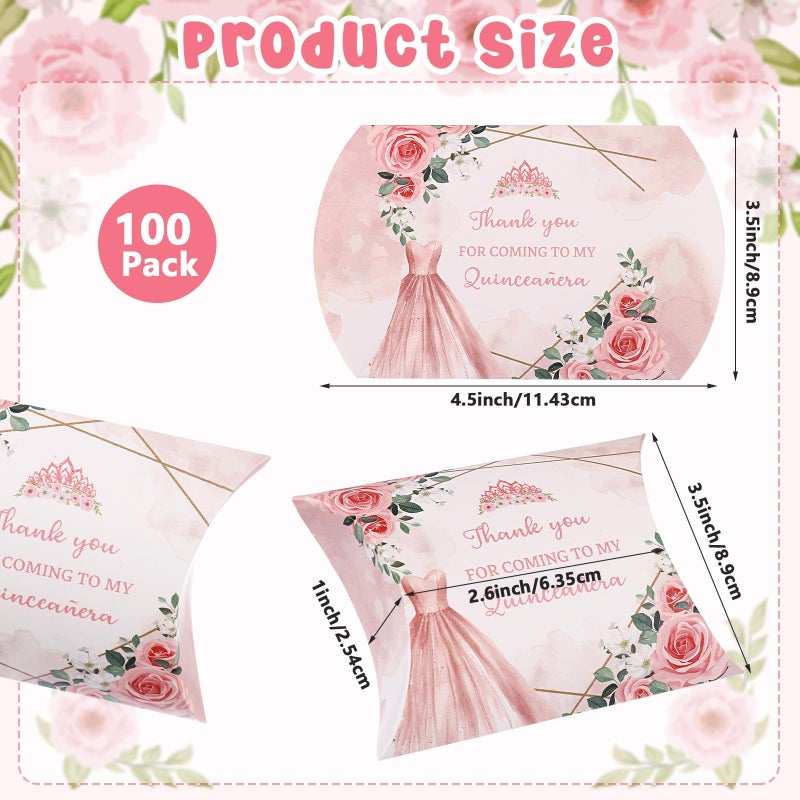 Haomian 100 PCS 15th Birthday Box 4.5 x 3.5Inch Pillow Gift Boxes Quinceanera Party Decorations Mis Quince Anos, Happy Box for Quinceanera Party, Sweet Decoration Rose Gold For Guest - Image 2