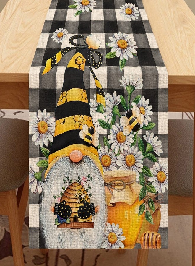 Seliem Spring Bee Gnome Table Runner, Honey Black White Buffalo Plaid Check Home Kitchen Dining Decor, Summer Seasonal Farmhouse Daisy Decorations Indoor Outdoor Anniversary Party Supply 13 x 72 Inch - Image 1