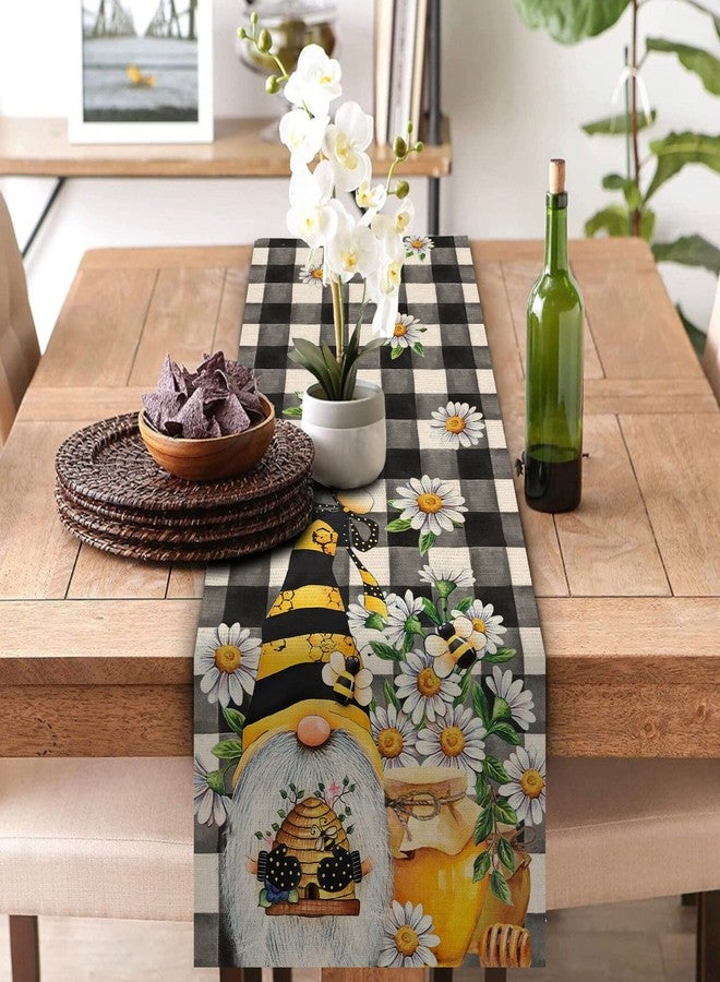 Seliem Spring Bee Gnome Table Runner, Honey Black White Buffalo Plaid Check Home Kitchen Dining Decor, Summer Seasonal Farmhouse Daisy Decorations Indoor Outdoor Anniversary Party Supply 13 x 72 Inch - Image 3