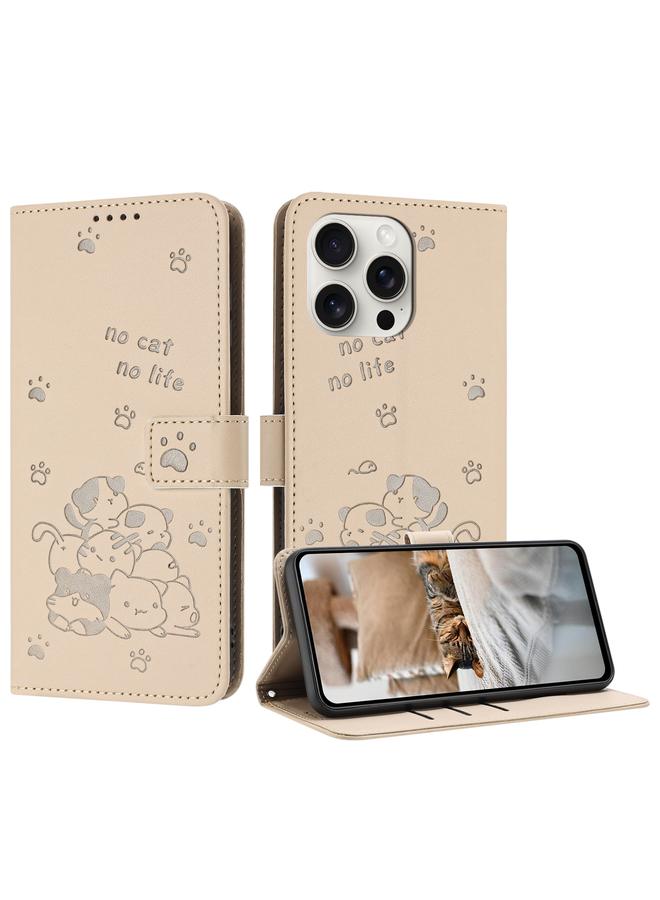 S-TOP Case For iPhone 16 Pro Embossed Kitten Phone Leather Case with Lanyard - Image 1