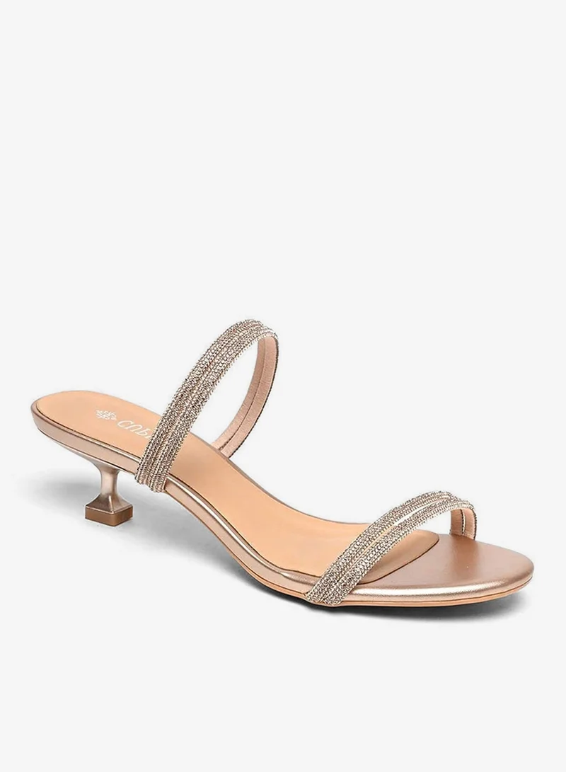 كابلي حذاء كعب مفتوح ذهبي وردي مرصّع بالكريستال